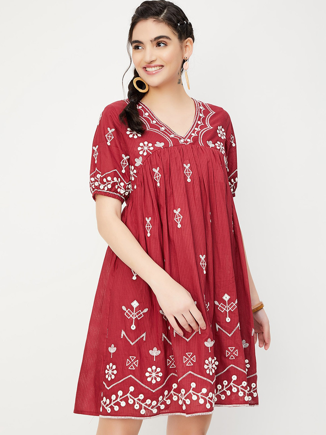 

max Ethnic Motifs Embroidered V-Neck Puff Sleeves Gathered A-Line Dress, Rust