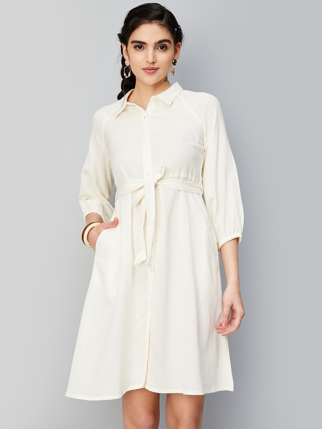 

max Shirt Collar Puff Sleeves Belted Shirt Dress, Off white