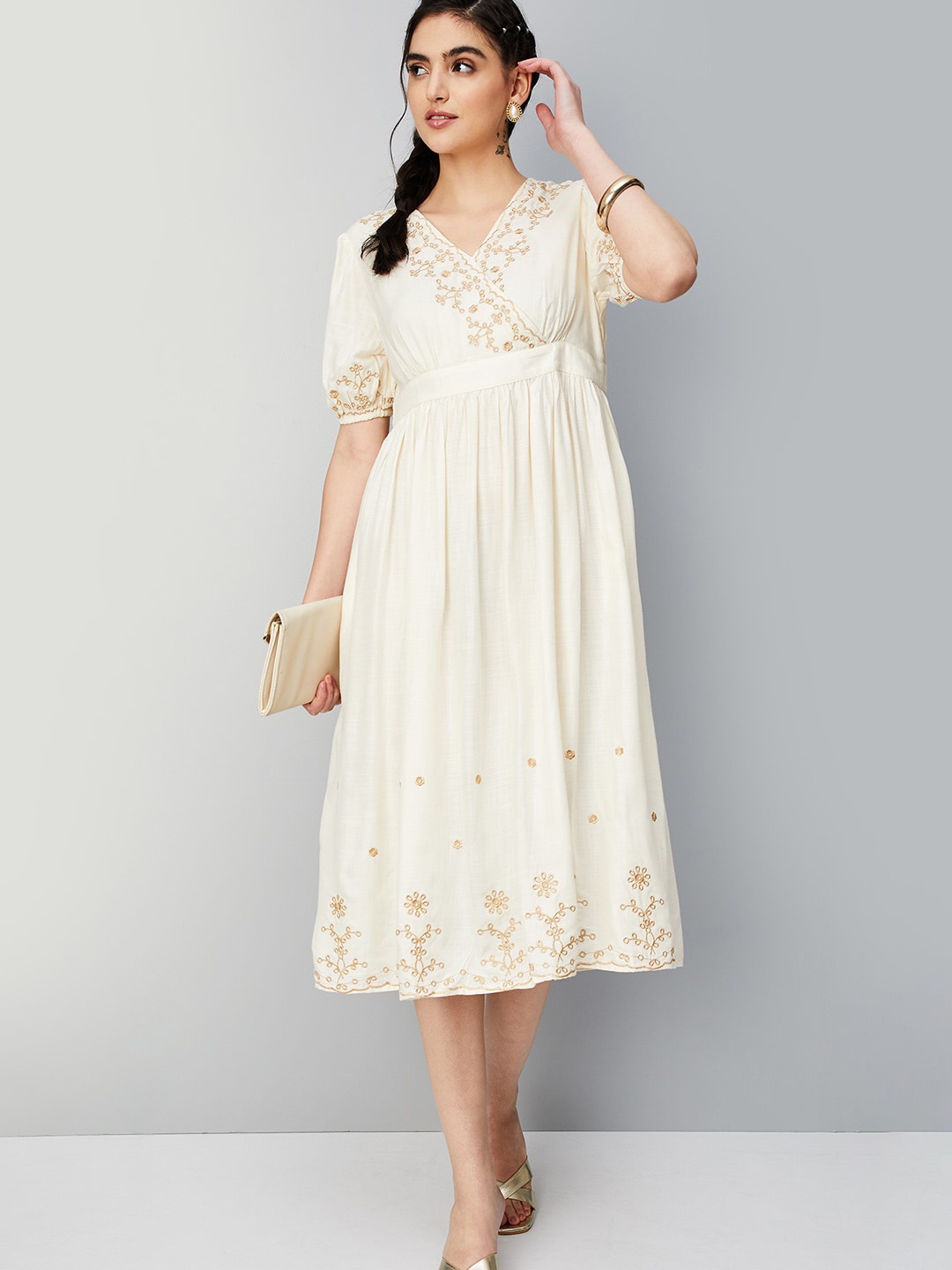 

max Ethnic Motifs Embroidered V-Neck Puff Sleeves Gathered Fit & Flare Ethnic Midi Dress, Off white