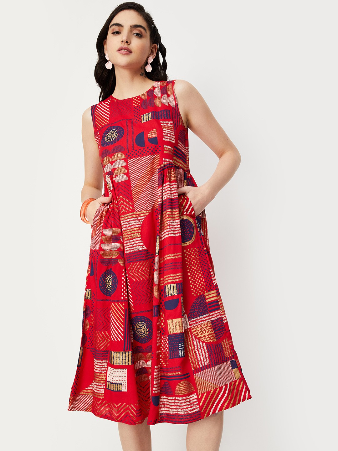 

max Abstract Printed Sleeveless A-Line Midi Dress, Red