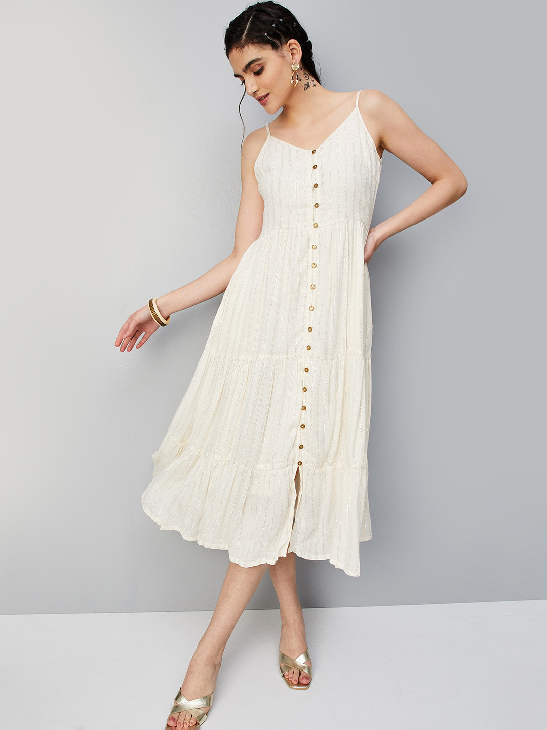 

max Striped Shoulder Strap A-Line Ethnic Dress, Beige