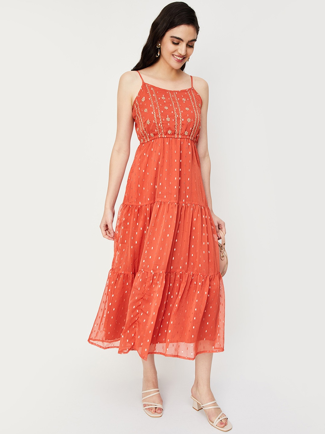

max Ethnic Motif Embroidered Tiered Midi Ethnic Dress, Orange