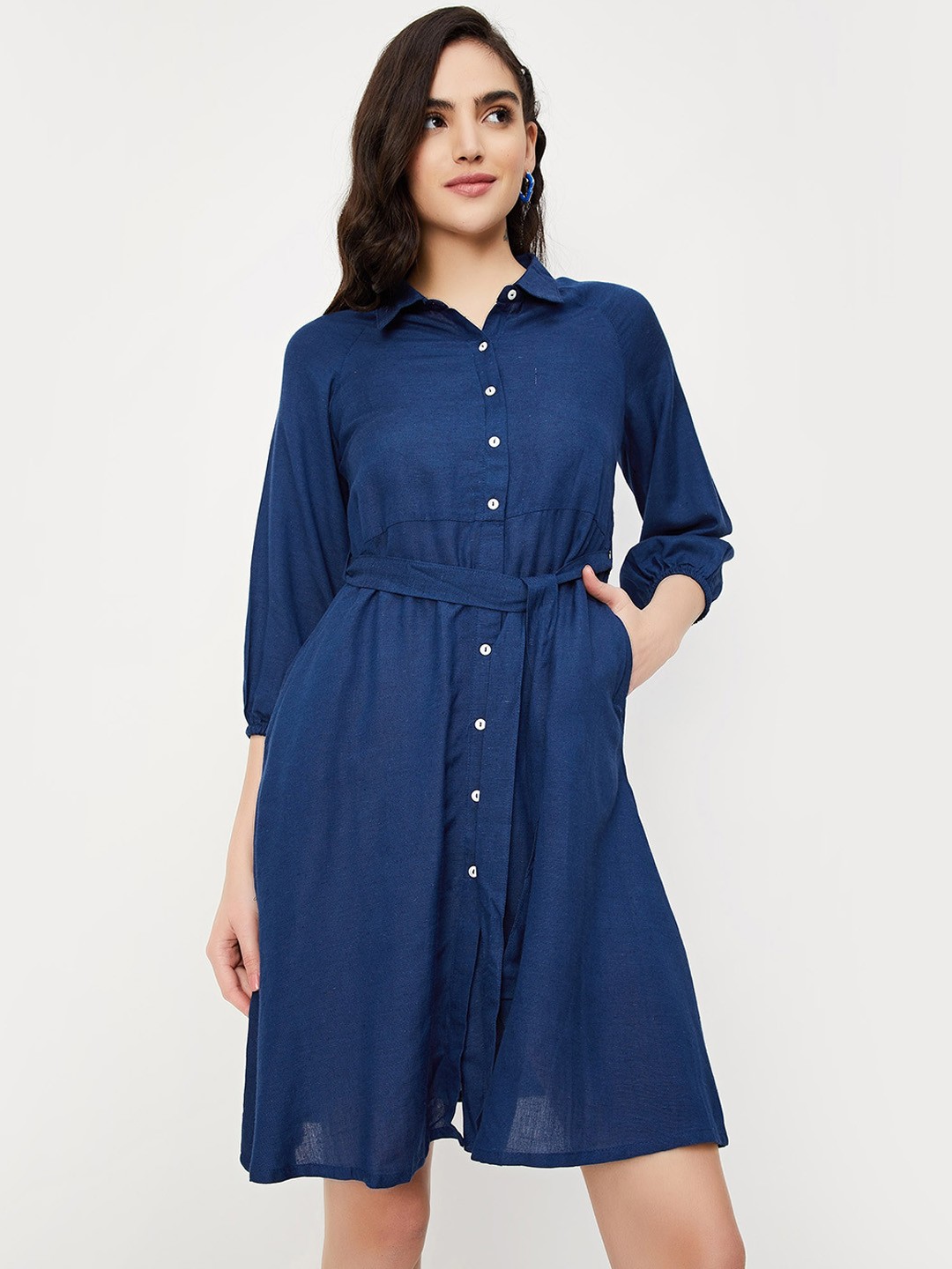 

max Shirt Style Above Knee Dress With Belt, Blue