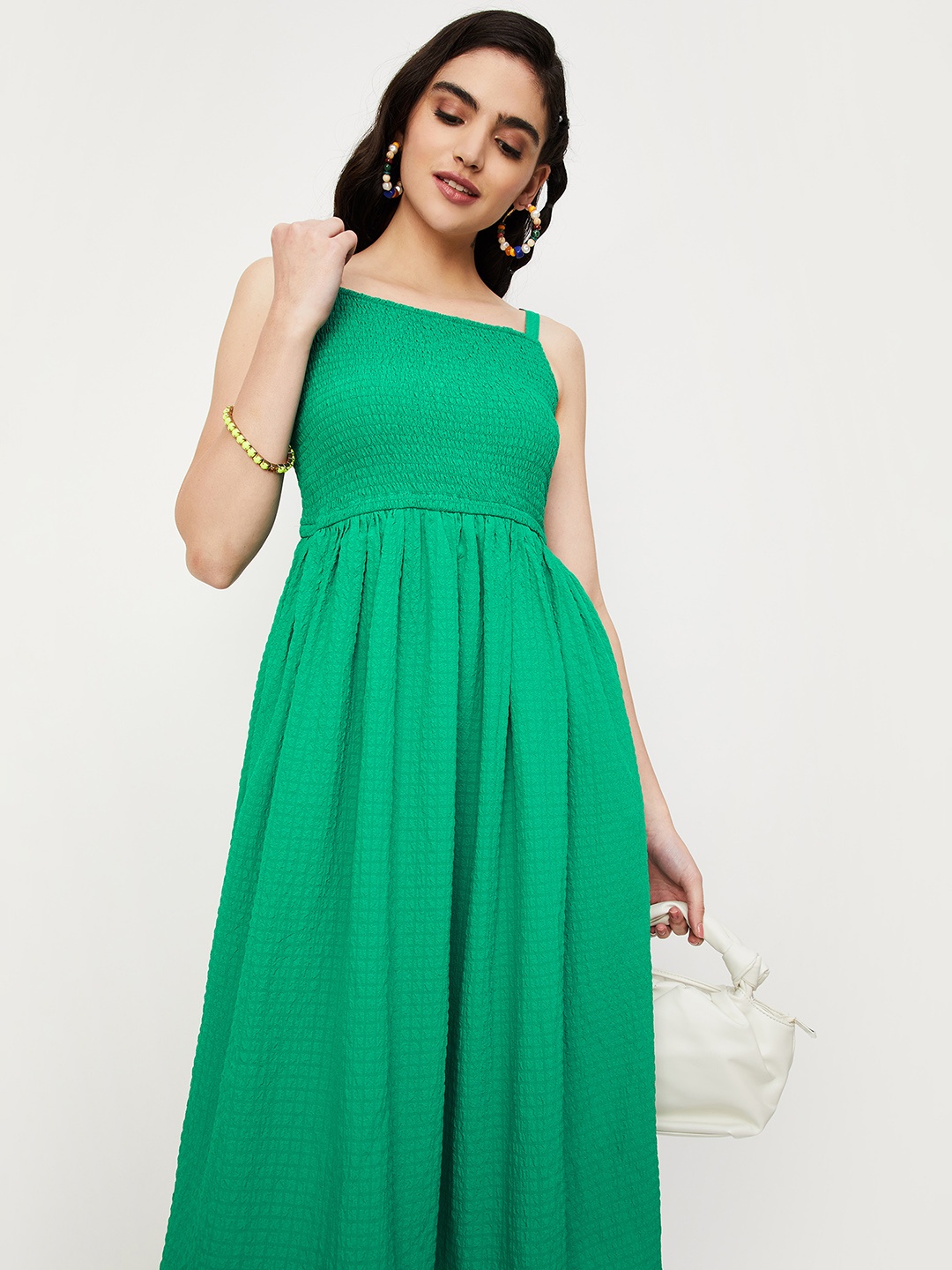 

max Self Designed Smocked Detailed Shoulder Straps Pure Cotton A-Line Dress, Green