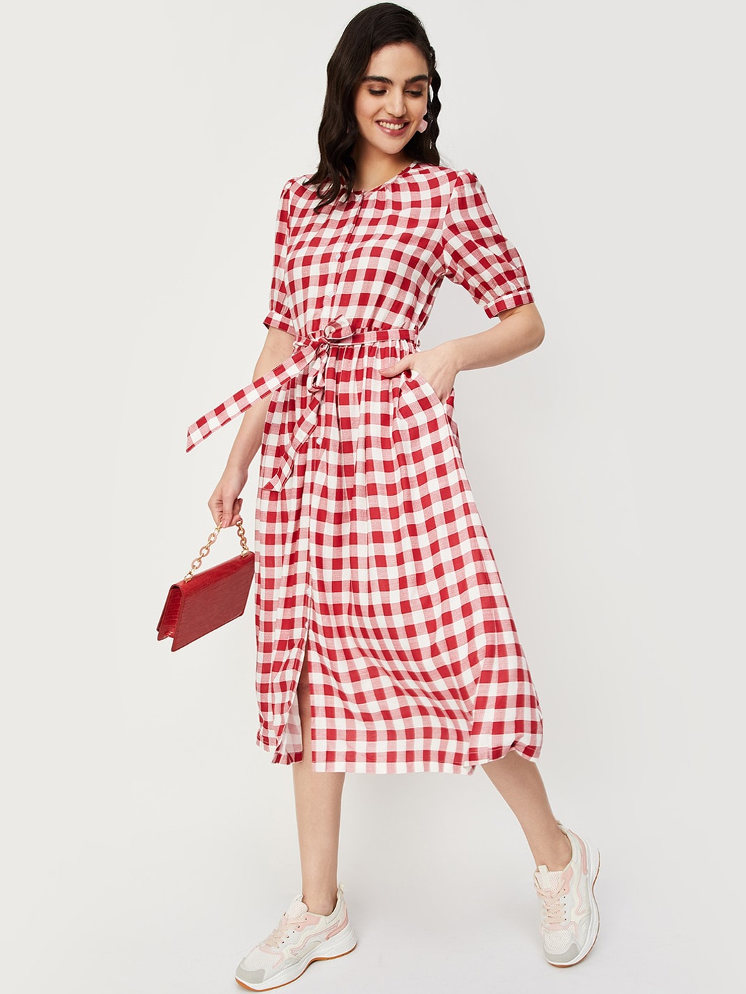 

max Checked Puff Sleeves Pure Cotton Fit & Flare Dress, Beige