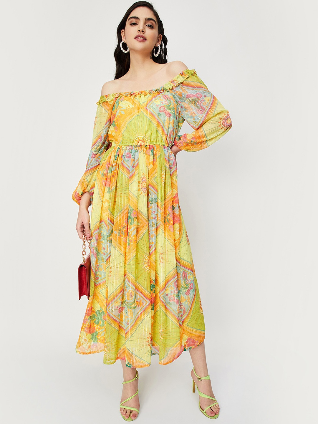 

max Geometric Printed Off-Shoulder Fit & Flare Dress, Yellow