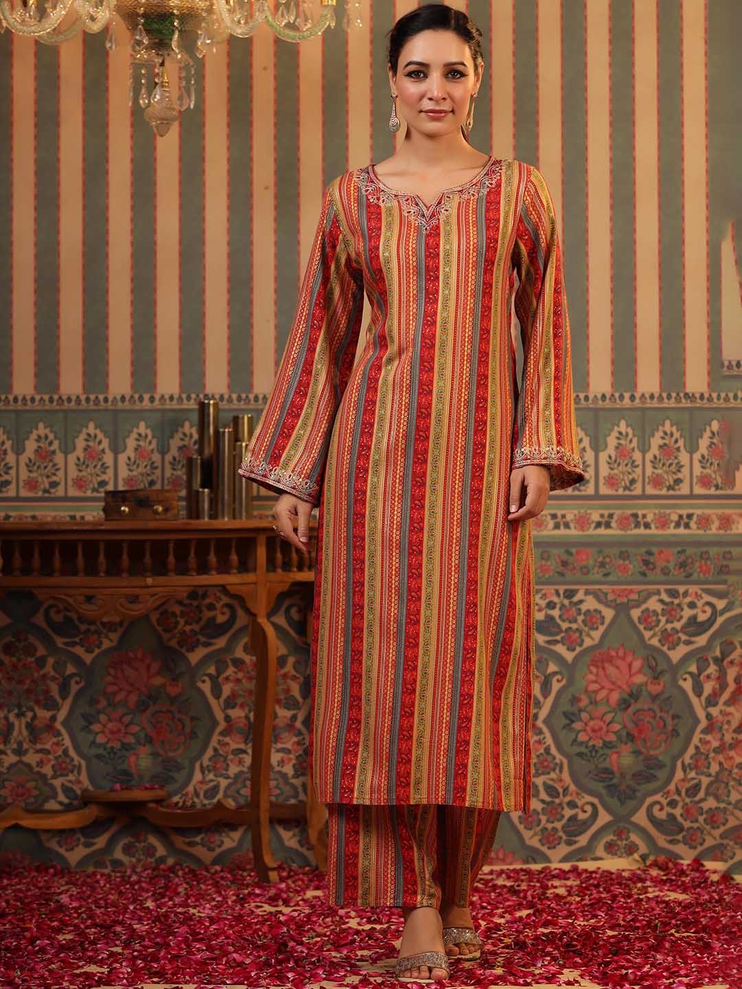 

SCAKHI Ethnic Motifs Printed Thread Work Kurta with Palazzos, Red