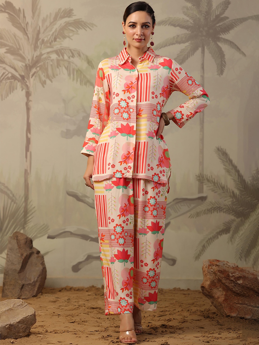 SCAKHI Floral Printed Shirt Collar Shirt & Palazzos, Peach