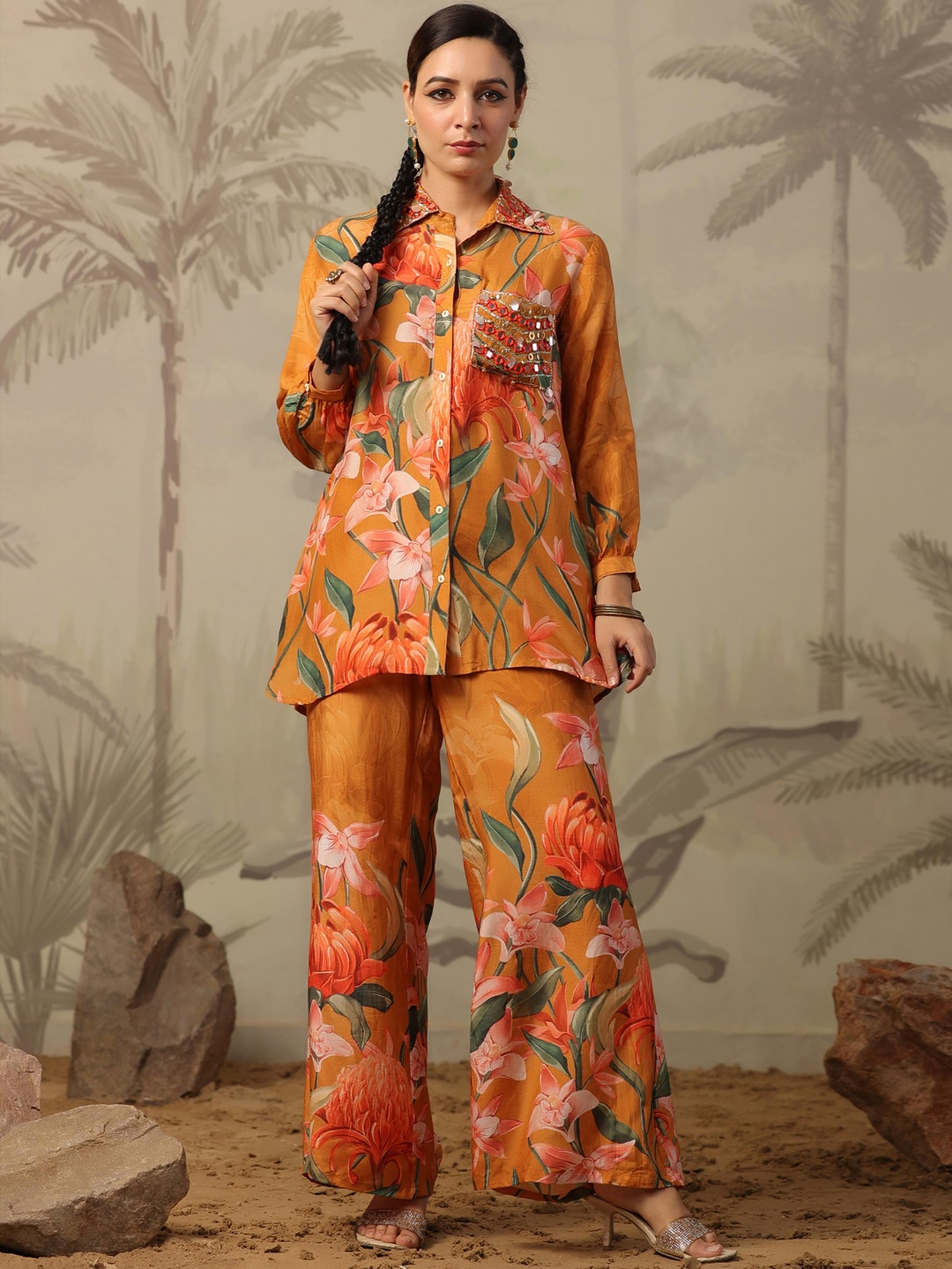 

SCAKHI Floral Printed Shirt Collar Mirror Work A-Line Kurta & Palazzos, Mustard