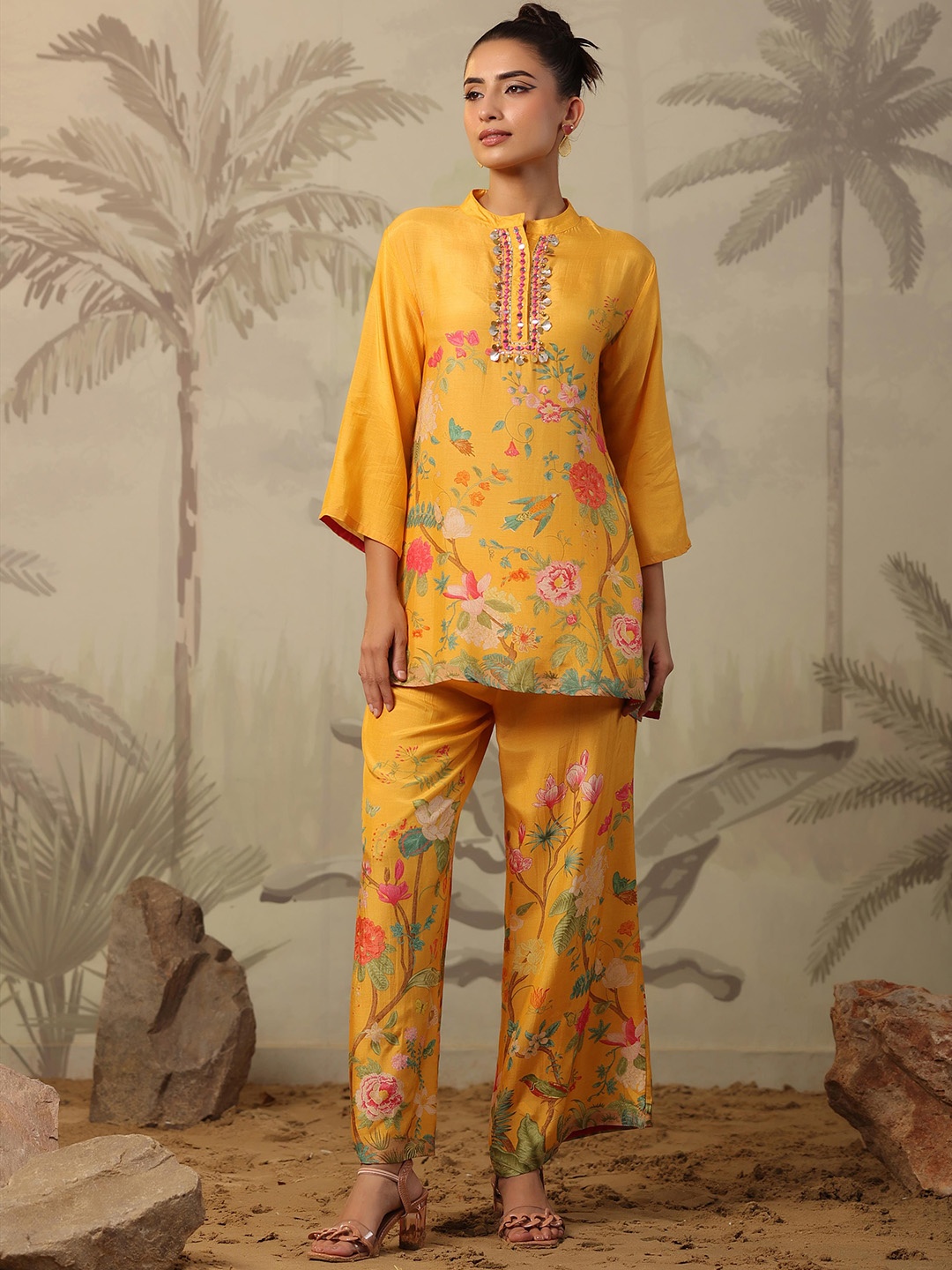 

SCAKHI Floral Printed Band Collar Muslin Silk Tunic & Palazzos, Mustard