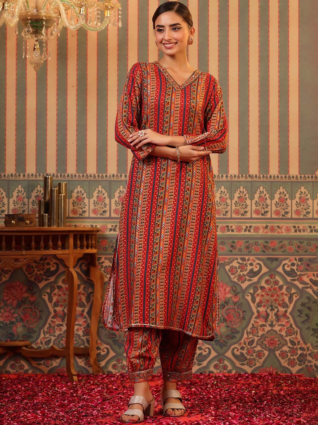 

SCAKHI Ethnic Motifs Printed Mirror Work Pathani Kurta with Patiala, Red