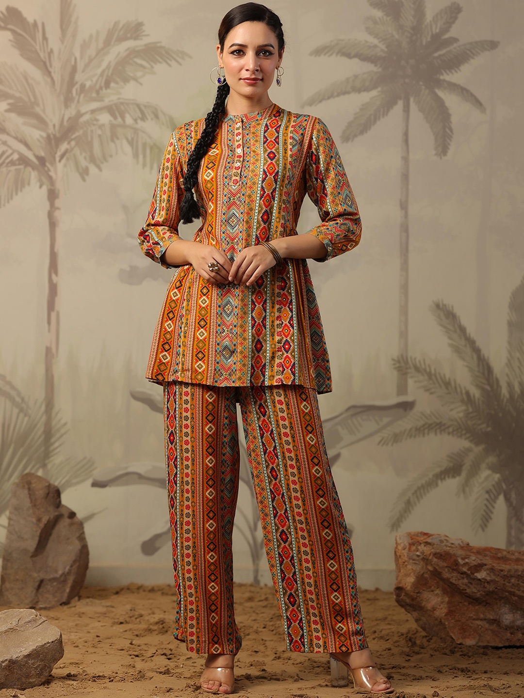 

SCAKHI Tribal Foil Printed Tunic & Palazzos, Mustard