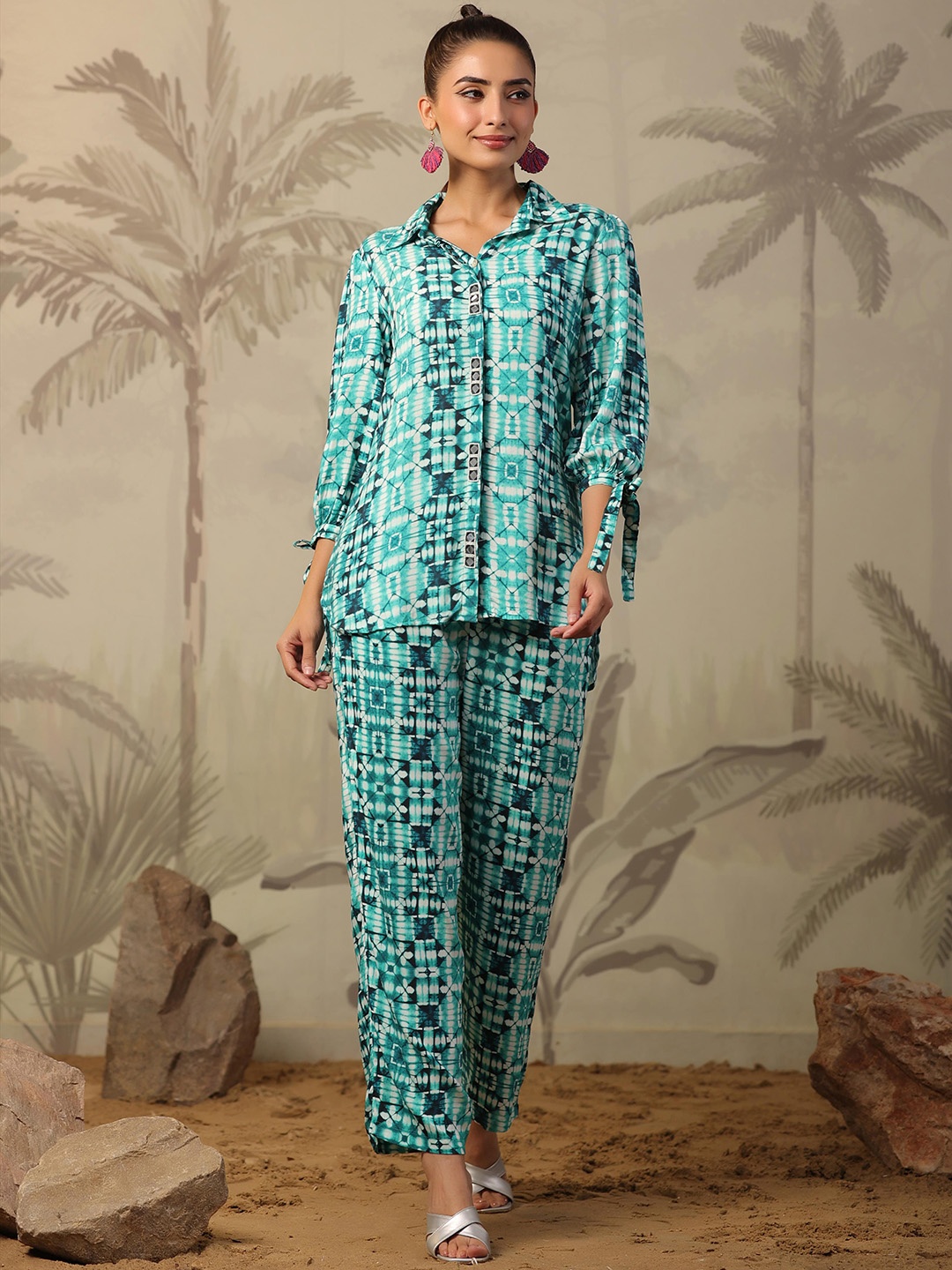 

SCAKHI Shibori Printed Shirt & Palazzos, Turquoise blue