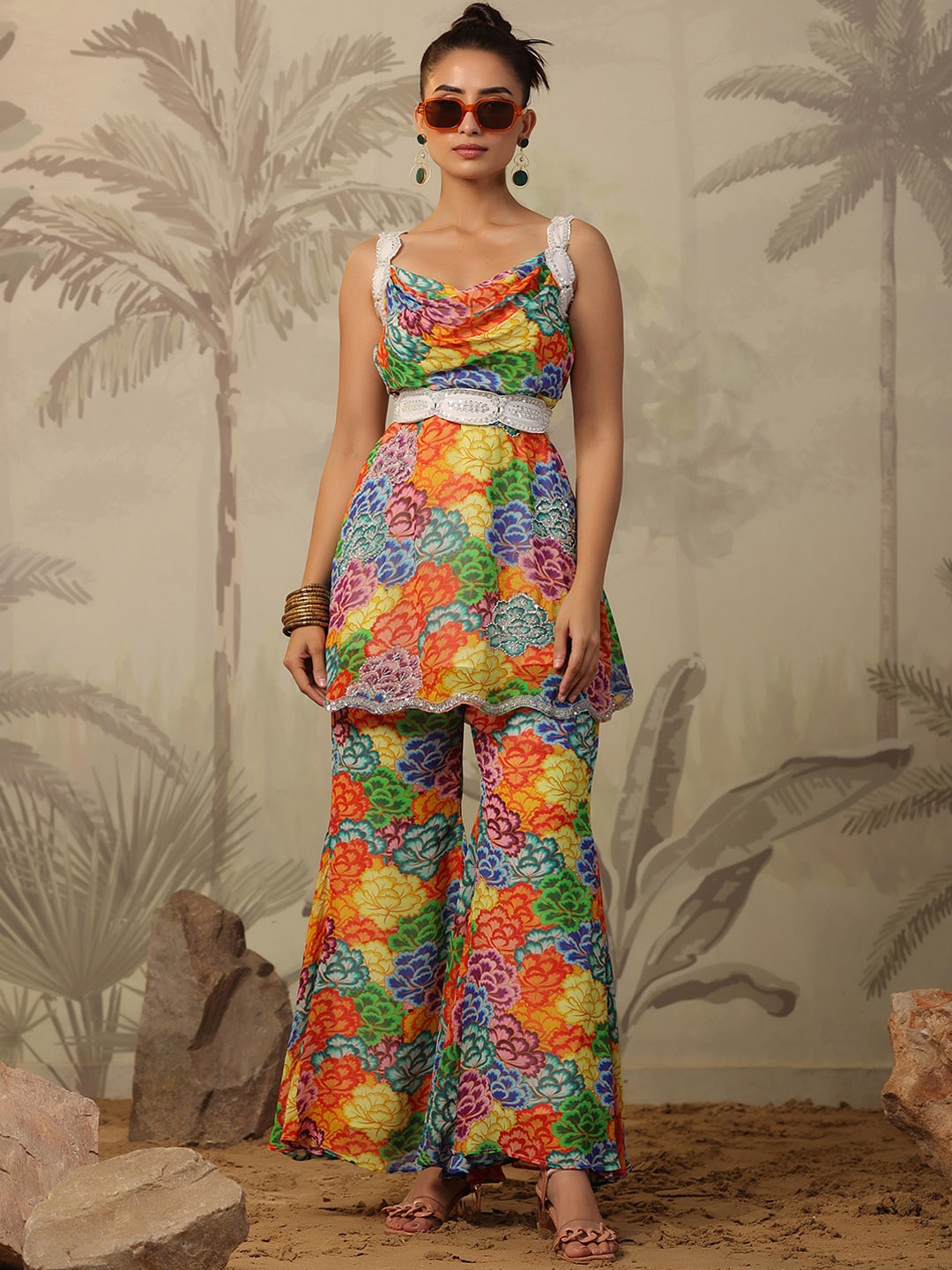 

SCAKHI Floral Printed Empire Beads and Stones Silk Georgette Kurti with Sharara And Belt, Green