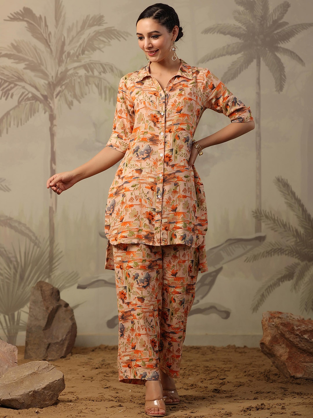 

SCAKHI Absatrct Printed Shirt Collar High Low Hem Kurti With Palazzos, Peach