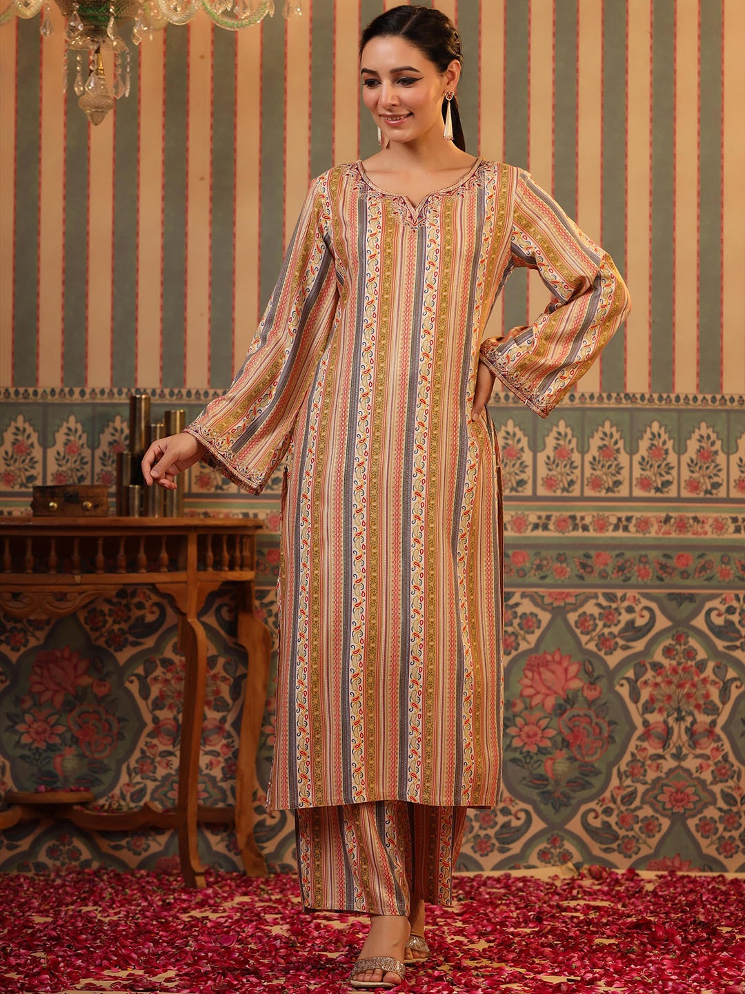 

SCAKHI Paisley Printed Pakistani Thread Work Kurta with Palazzos, Mustard