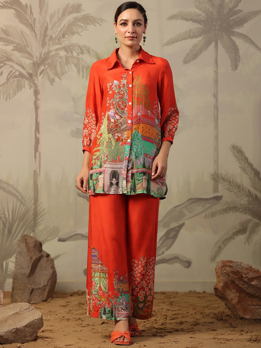 

SCAKHI Ethnic Motifs Printed Muslin Silk Tunic & Palazzos, Rust