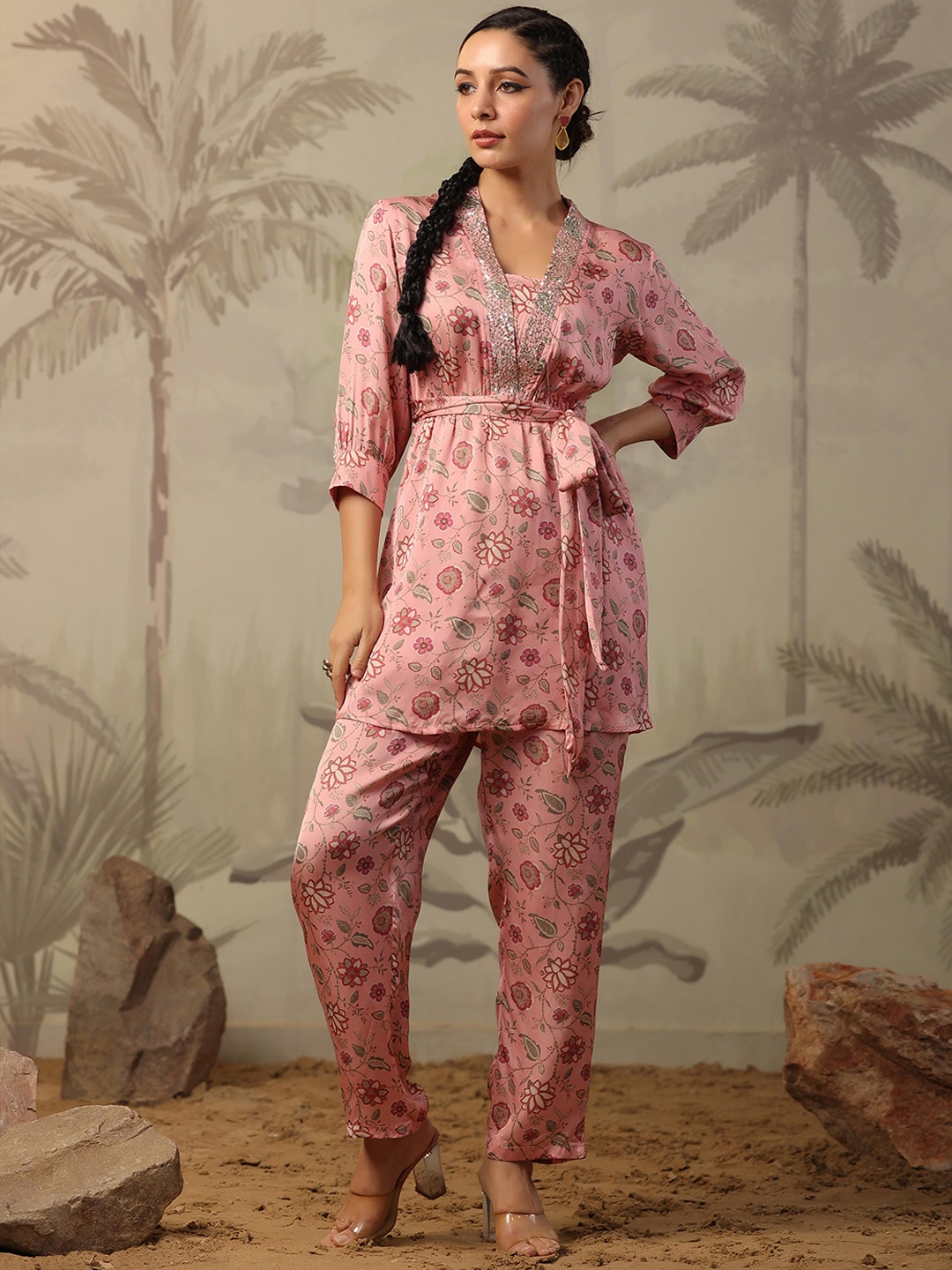 

SCAKHI Chintz Printed Embellished Satin Tunic & Palazzos With Belt, Peach