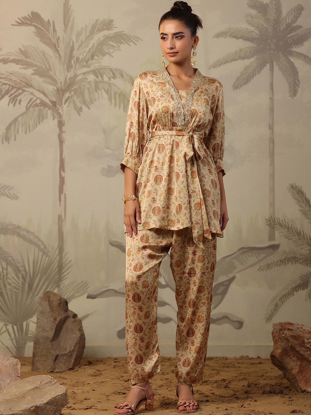 

SCAKHI Chintz Printed Embellished Satin Tunic & Trousers With Belt, Beige