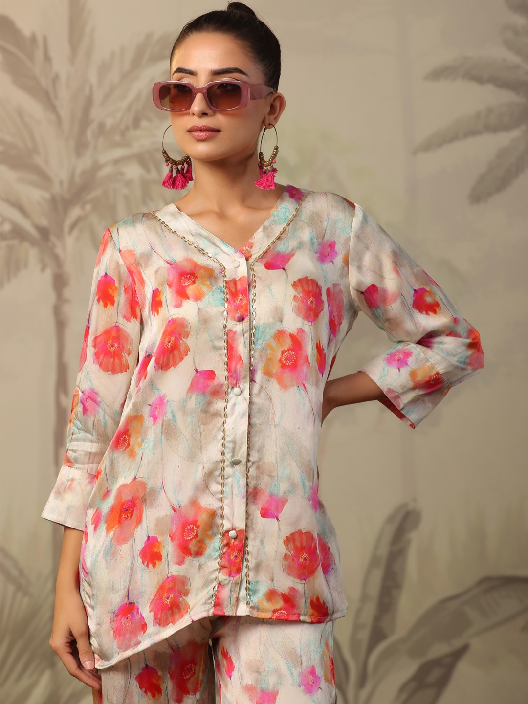 

SCAKHI Floral Printed Satin Shirt & Palazzos, Beige