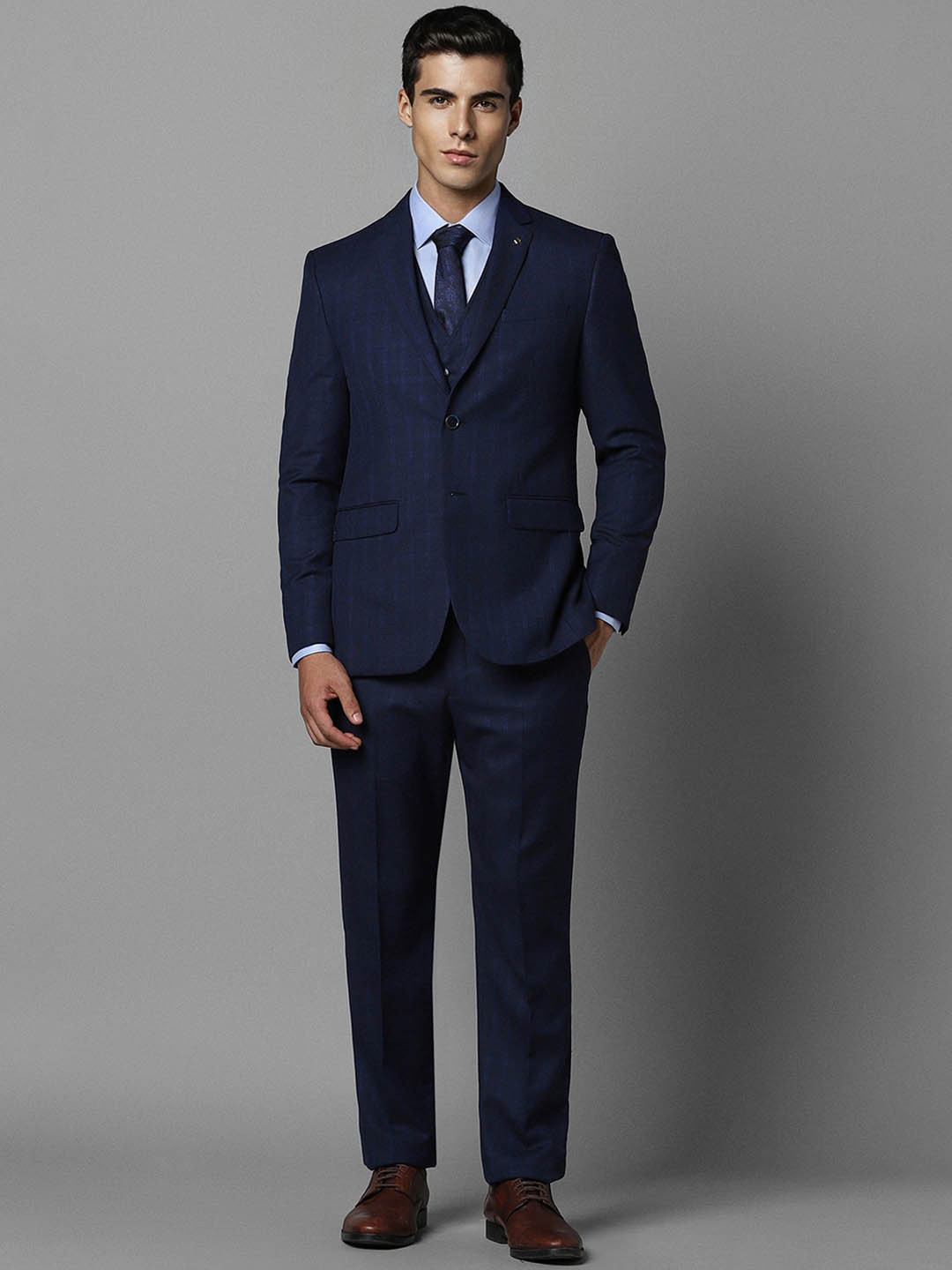 

Louis Philippe 3-Pcs Checked Single Breasted Slim Fit Formal Suit, Navy blue