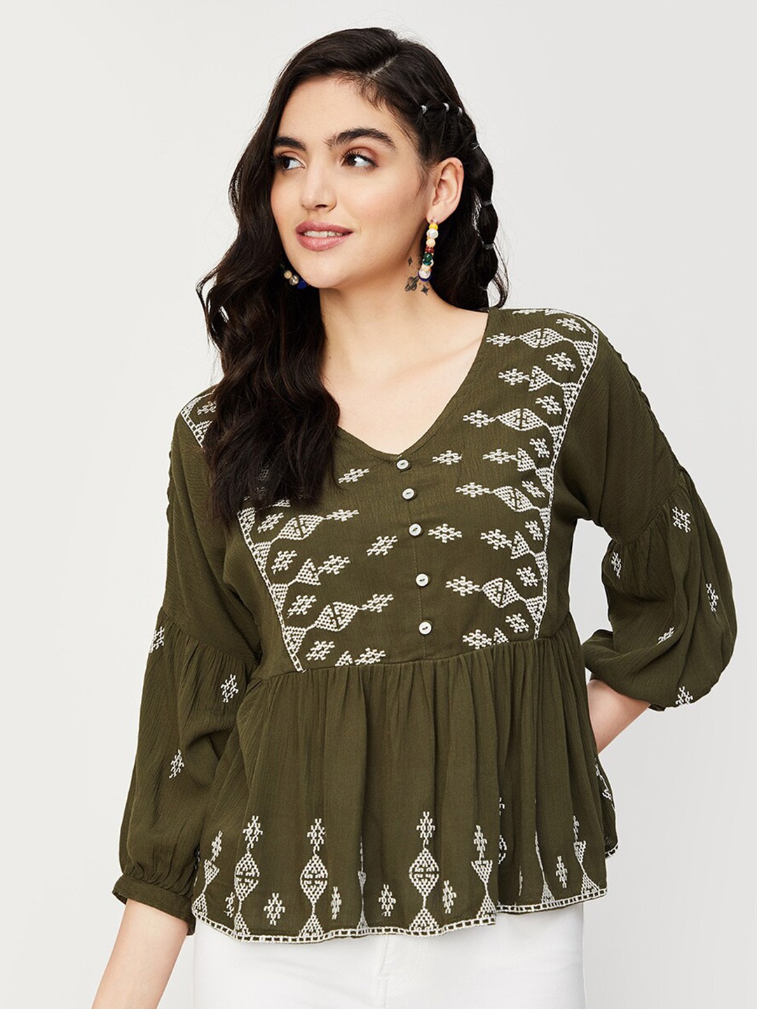

max Embroidered Ethnic Peplum Top, Olive