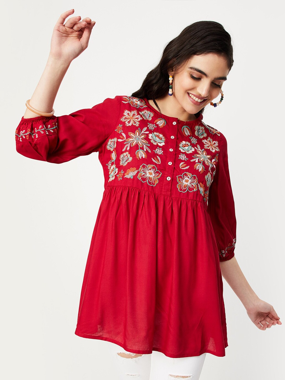 

max Embroidered Round Neck Tunic, Orange