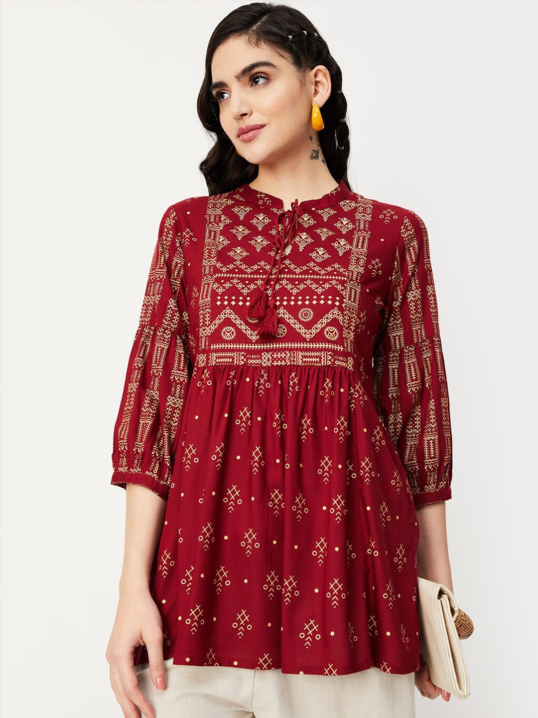 

max Mandarin Collar Printed Ethnic Tunic, Red