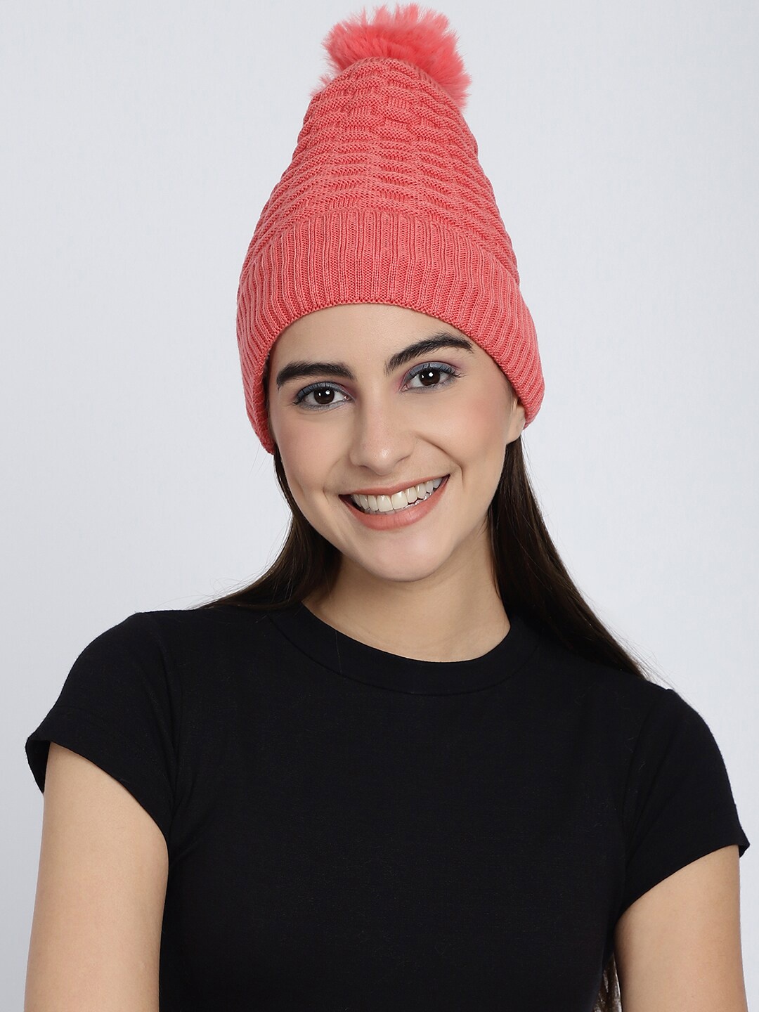 

ELLIS Women Self Design Beanie Cap, Pink