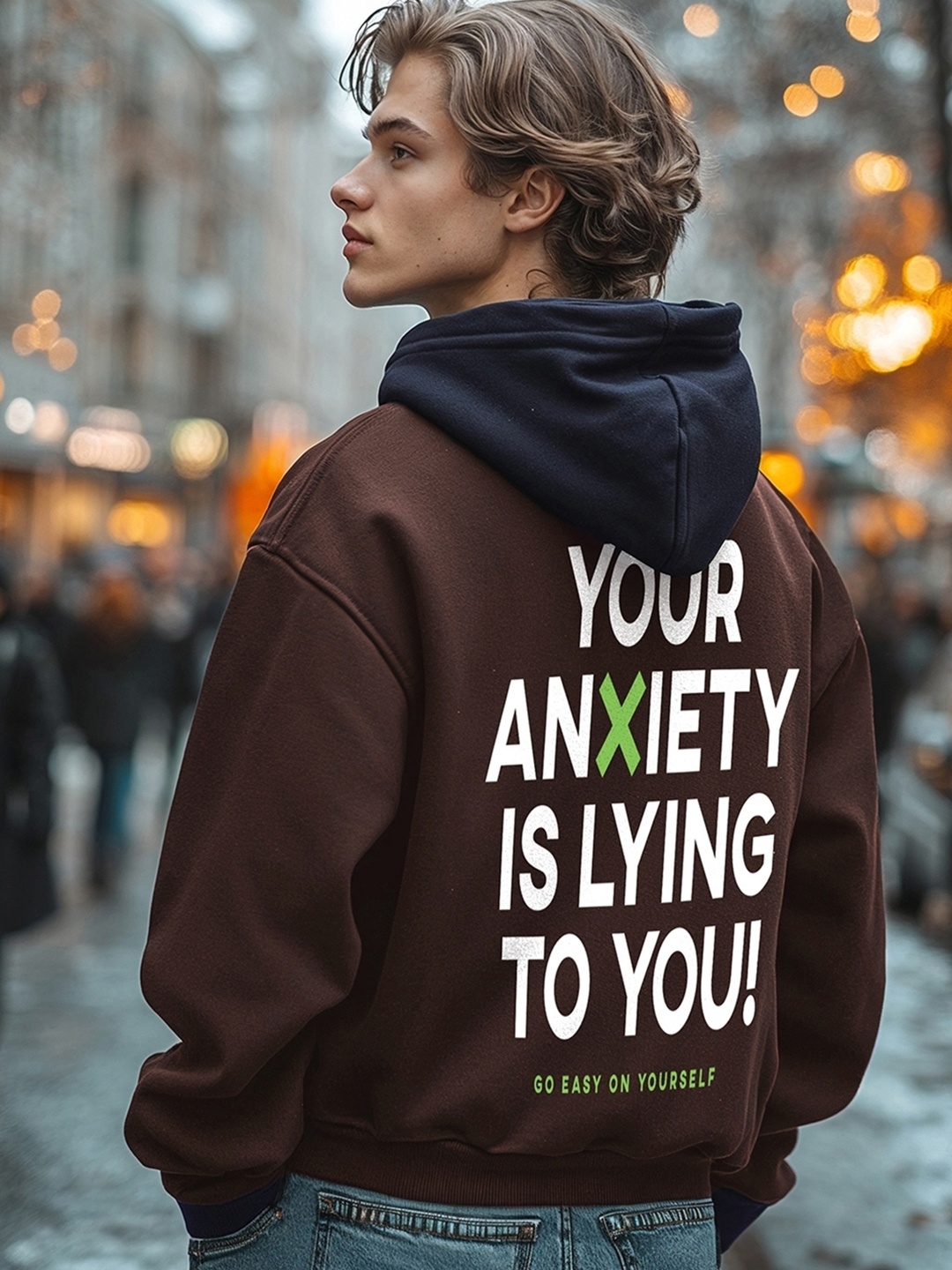 

Bewakoof Heavy Duty 1.0 Men Anxiety Typography Oversized Hoodies, Brown