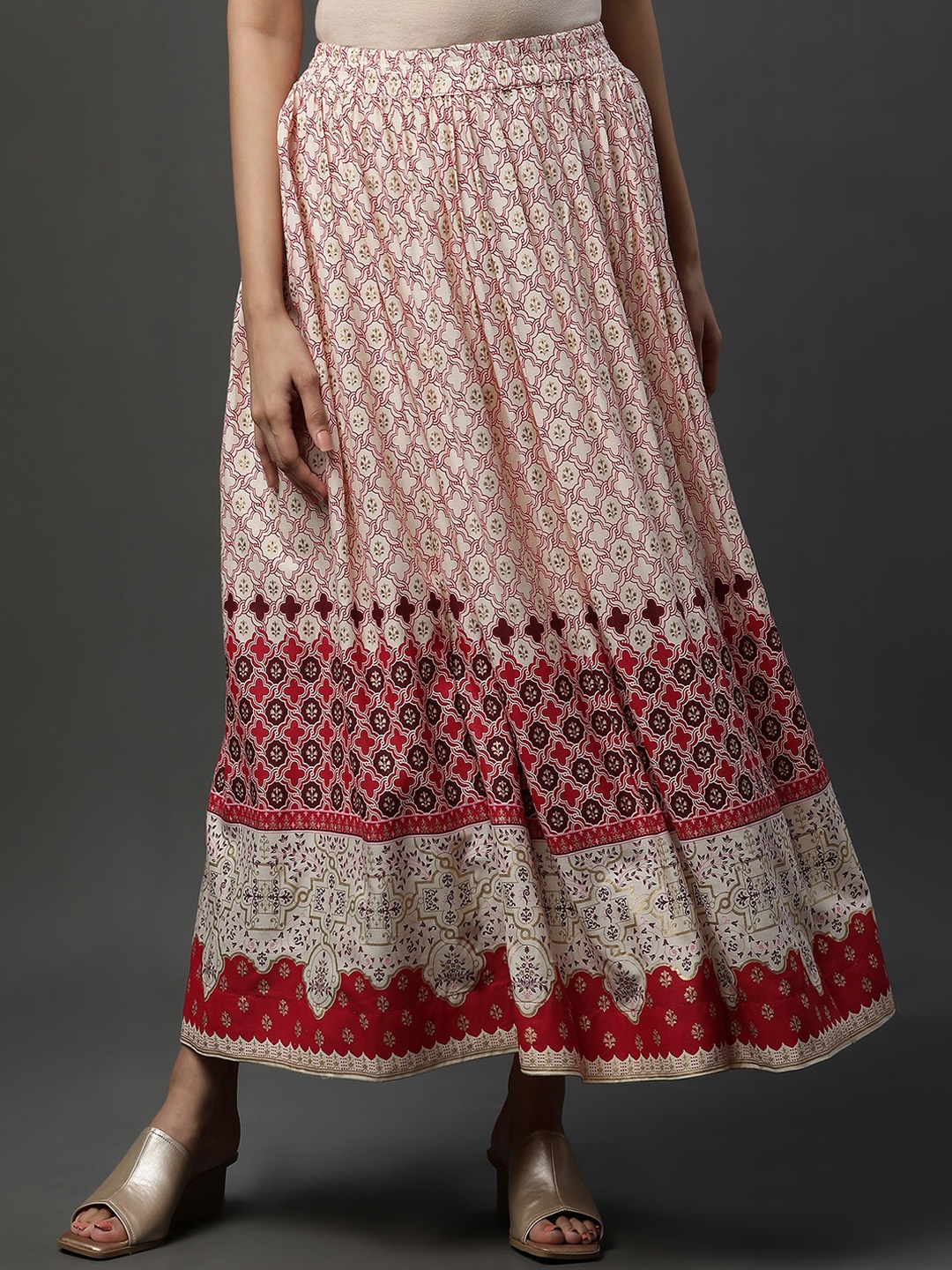 

AURELIA Ethnic Motifs Printed Flared Maxi Skirt, Off white