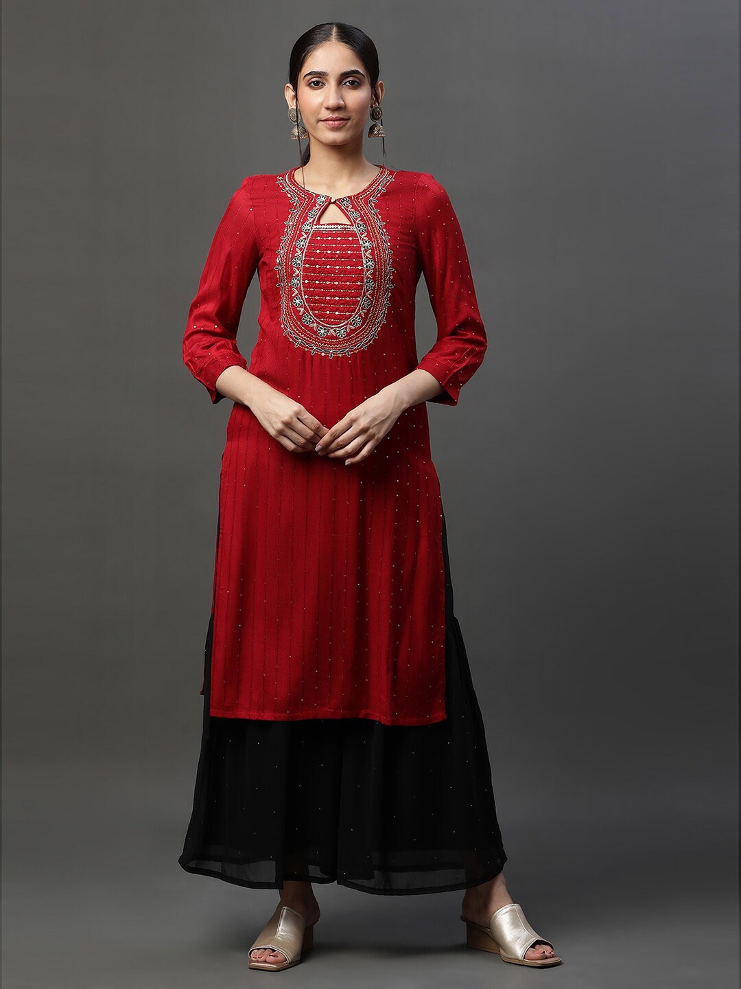

AURELIA Red Embroidered Straight Kurta