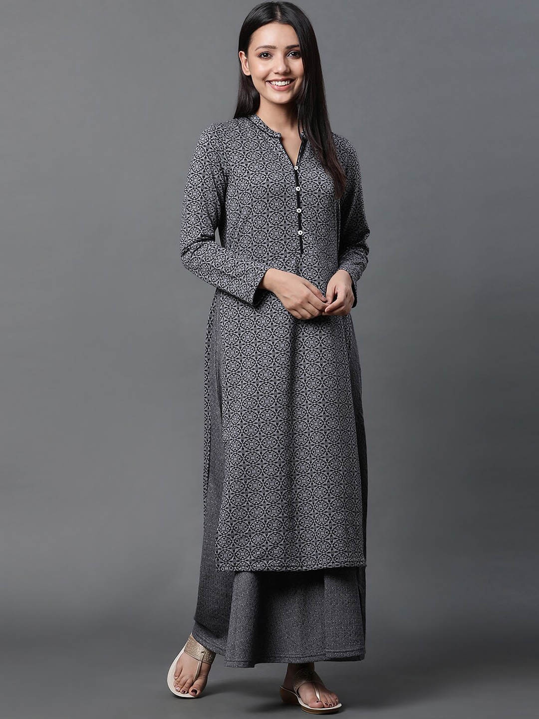 

AURELIA Ethnic Motifs Woven Design Jacquard Straight Kurta, Grey