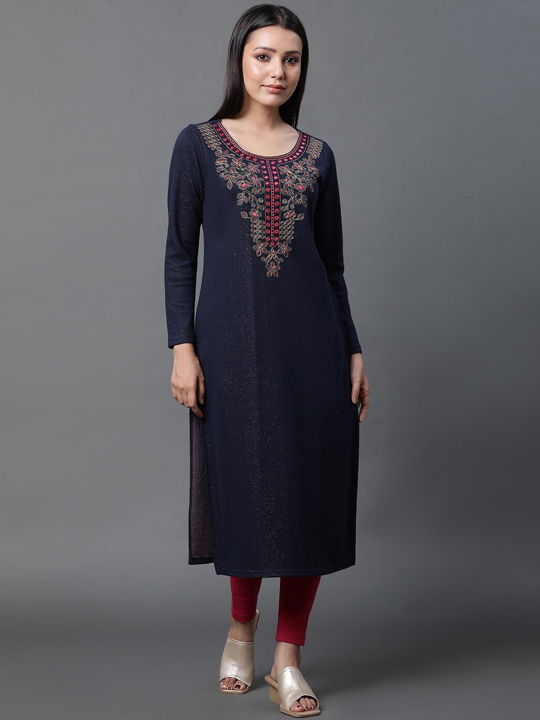 

AURELIA Ethnic Motifs Mirror Work Embroidered Regular Kurta, Navy blue