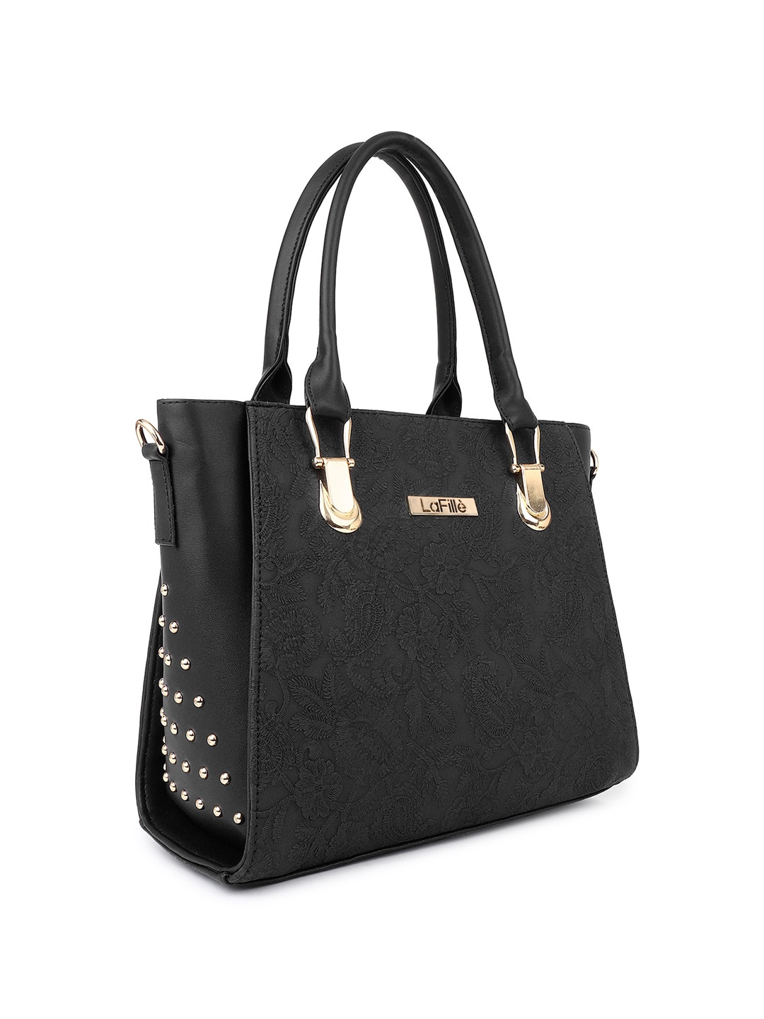 

LaFille PU Structured Handheld Bag with Embroidered Detail, Black