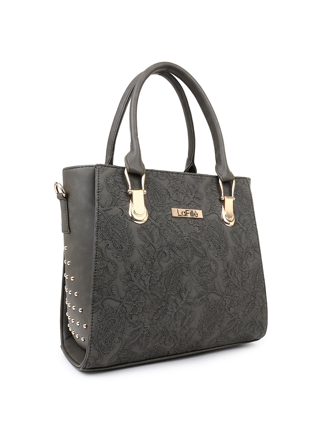

LaFille Ethnic Motifs Textured Structured Handheld Bag, Grey
