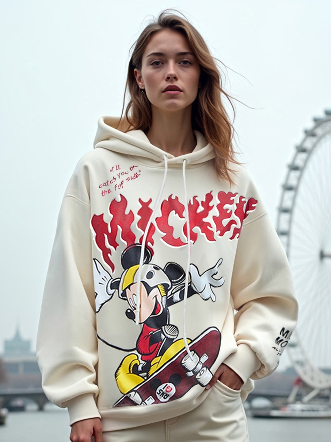 

Bewakoof Heavy Duty 1.0 Women Skater Mickey Graphic Printed Oversized Hoodies, Off white