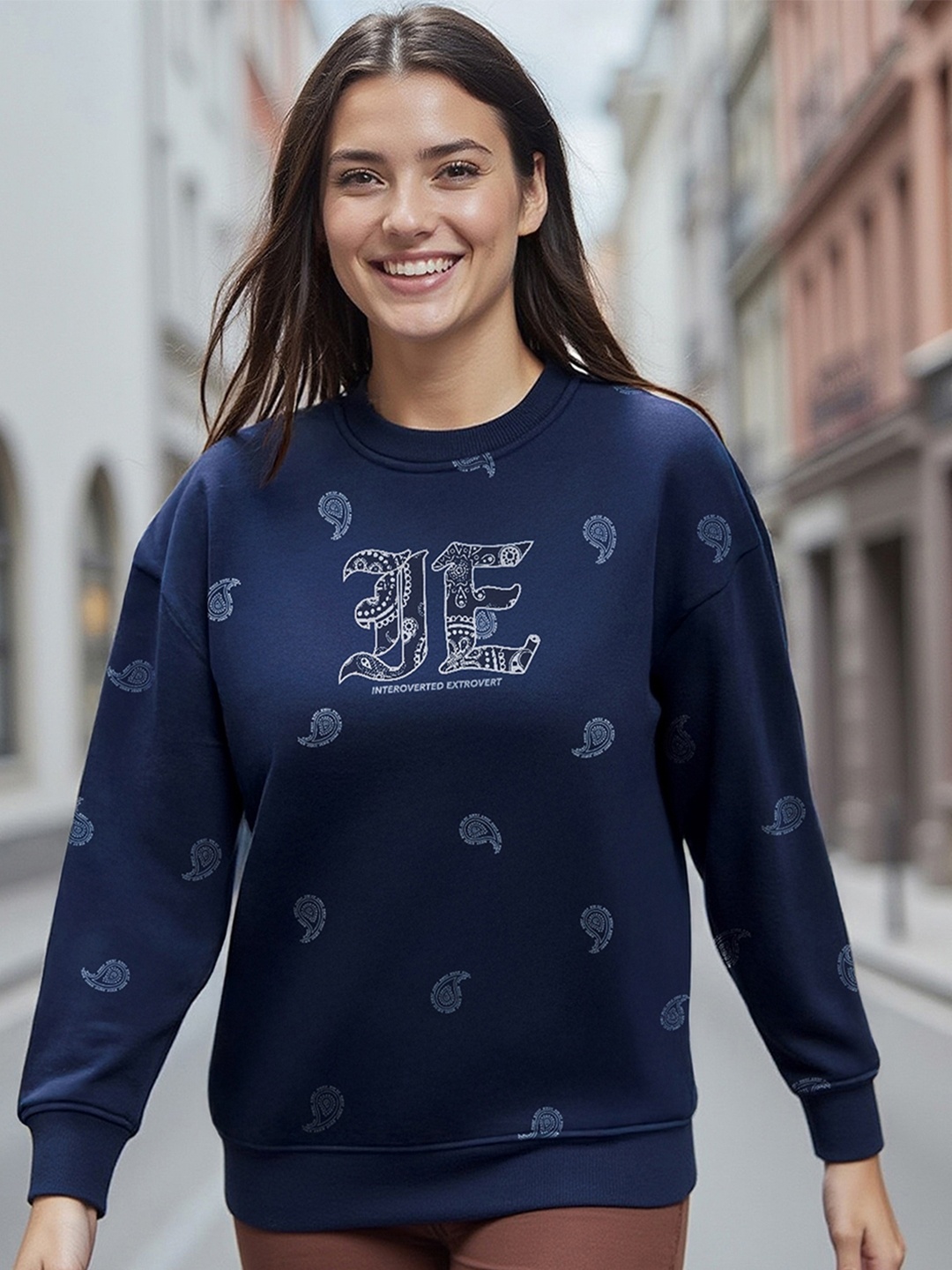 

Bewakoof Heavy Duty 1.0 Women Paisley Printed Oversized Sweatshirt, Navy blue