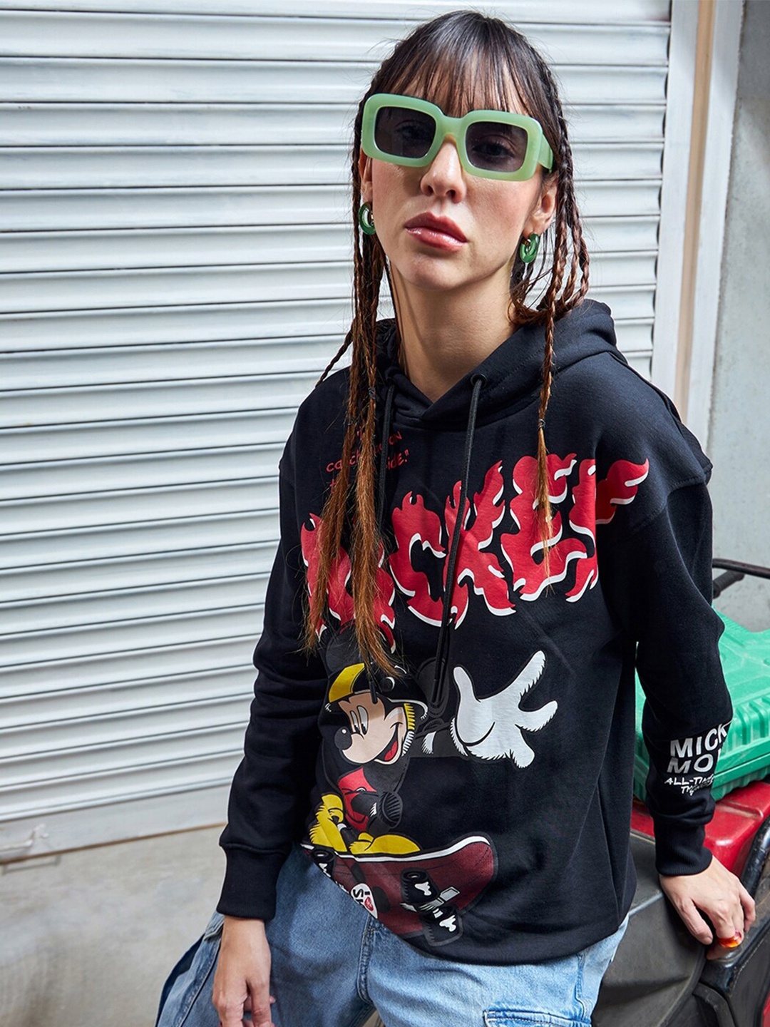 

Bewakoof Heavy Duty 1.0 Women Mickey Graphic Printed Oversized Hoodies, Black