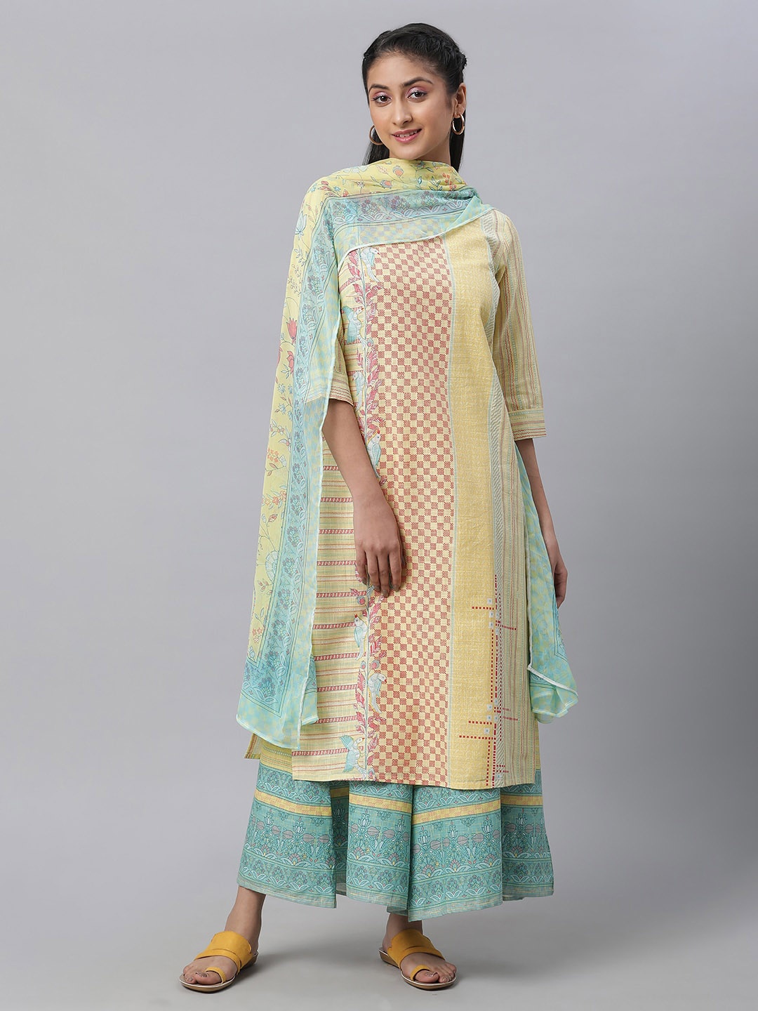 

AURELIA Checked Pure Cotton Straight Kurta with Sharara & Dupatta, Yellow