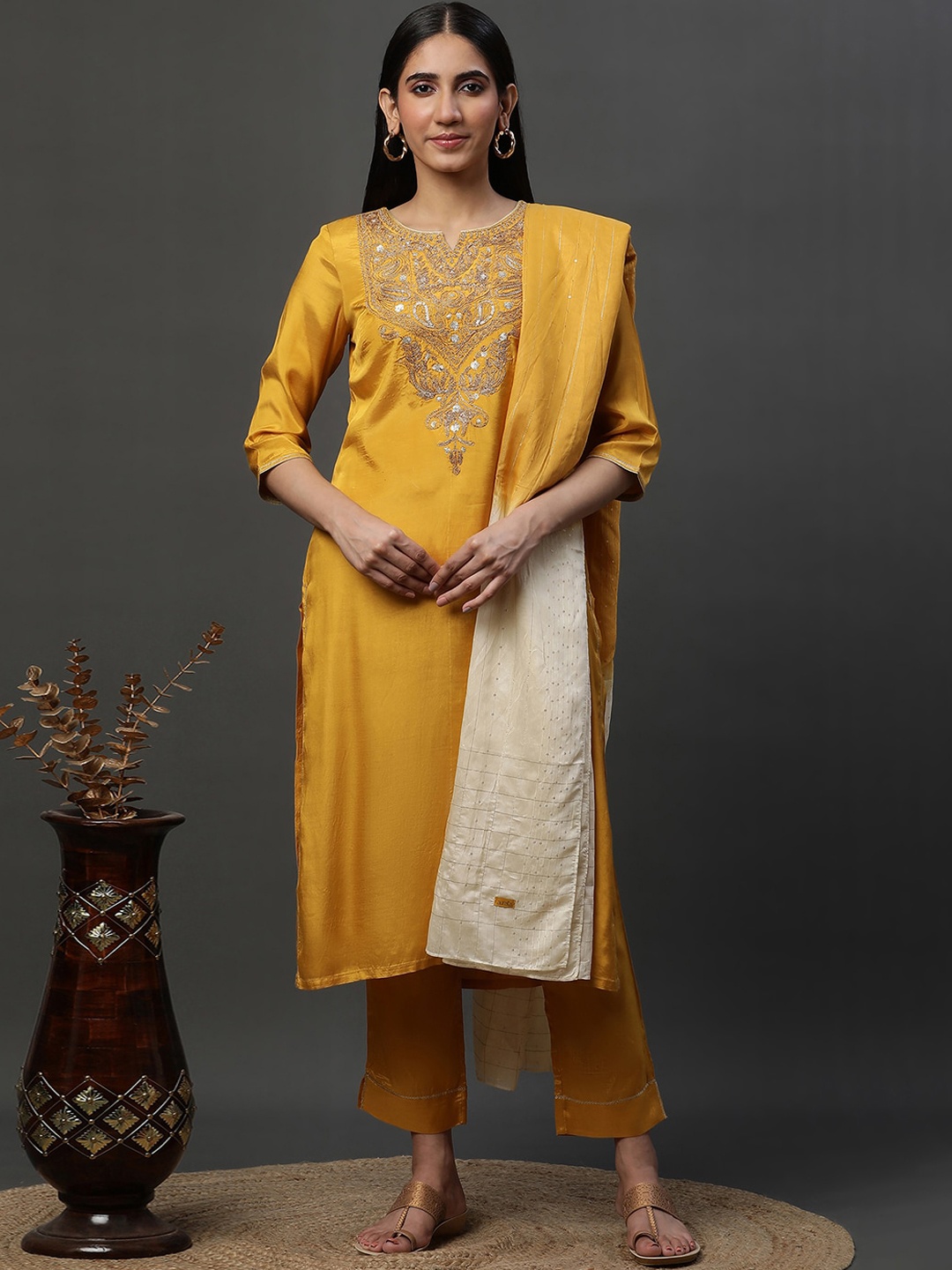 

AURELIA Ethnic Motifs Embroidered Sequinned Kurta With Trousers & Dupatta, Yellow