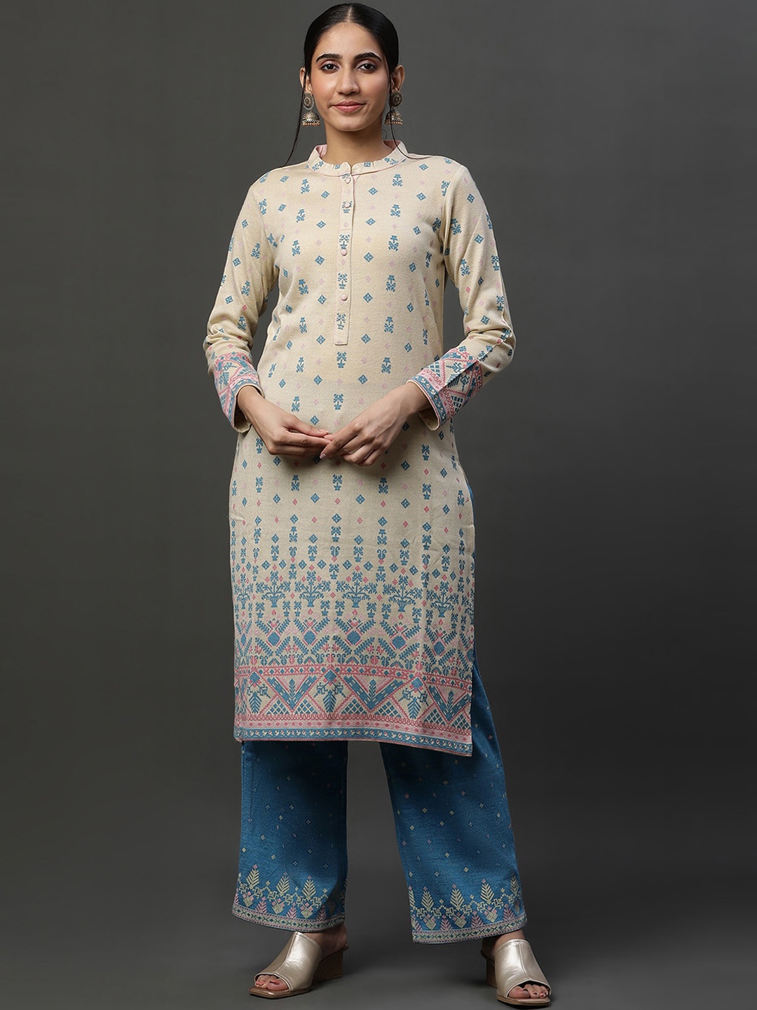 

AURELIA Ethnic Motifs Printed Regular Kurta With Palazzos, Off white