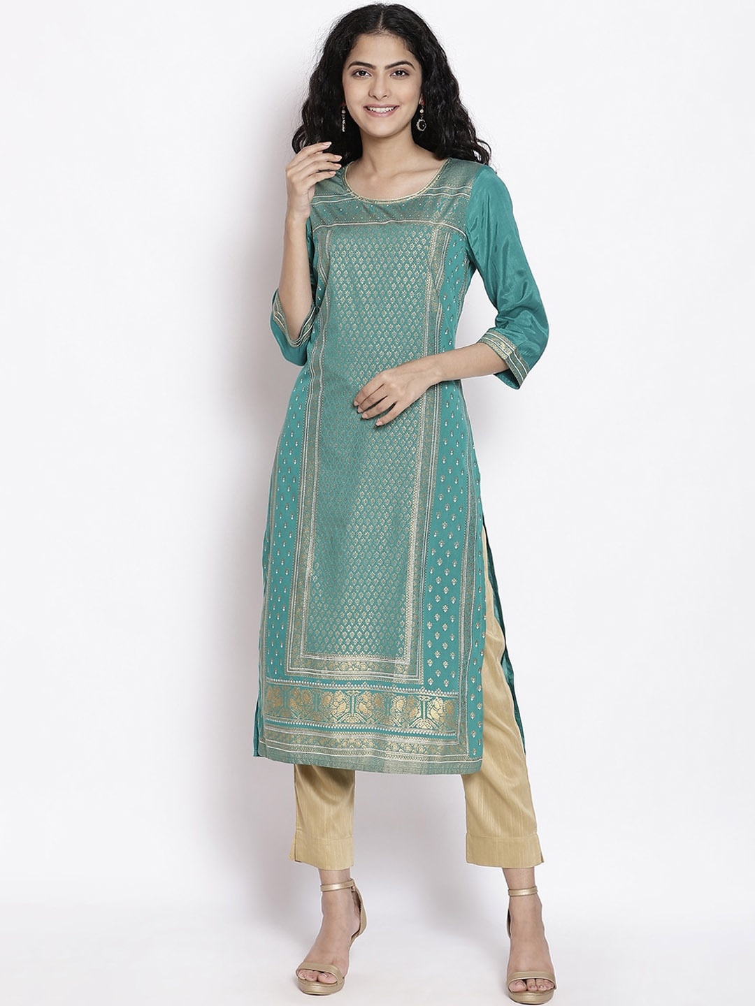 

AURELIA Ethnic Motifs Printed Sequinned Straight Kurta with Trouser, Green