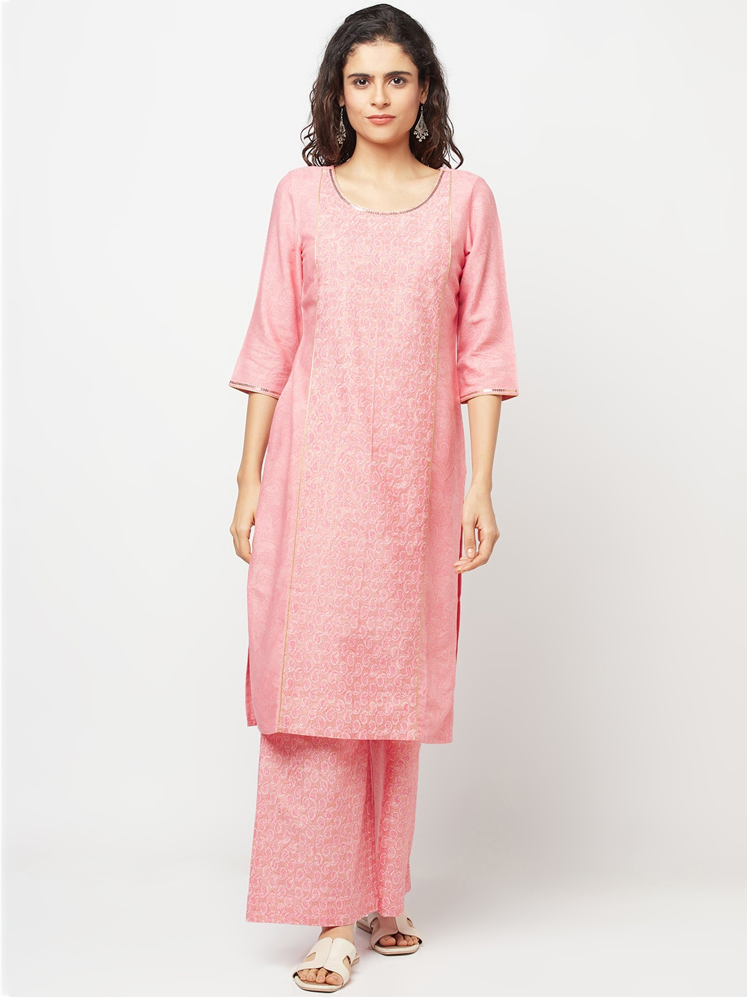 

AURELIA Ethnic Motifs Printed Sequinned Kurta with Palazzos, Peach