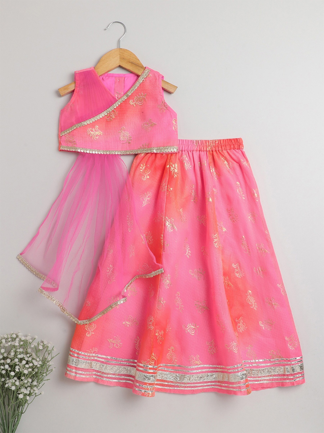 

The Magic Wand Girls Floral Printed Ready to Wear Lehenga Choli, Pink