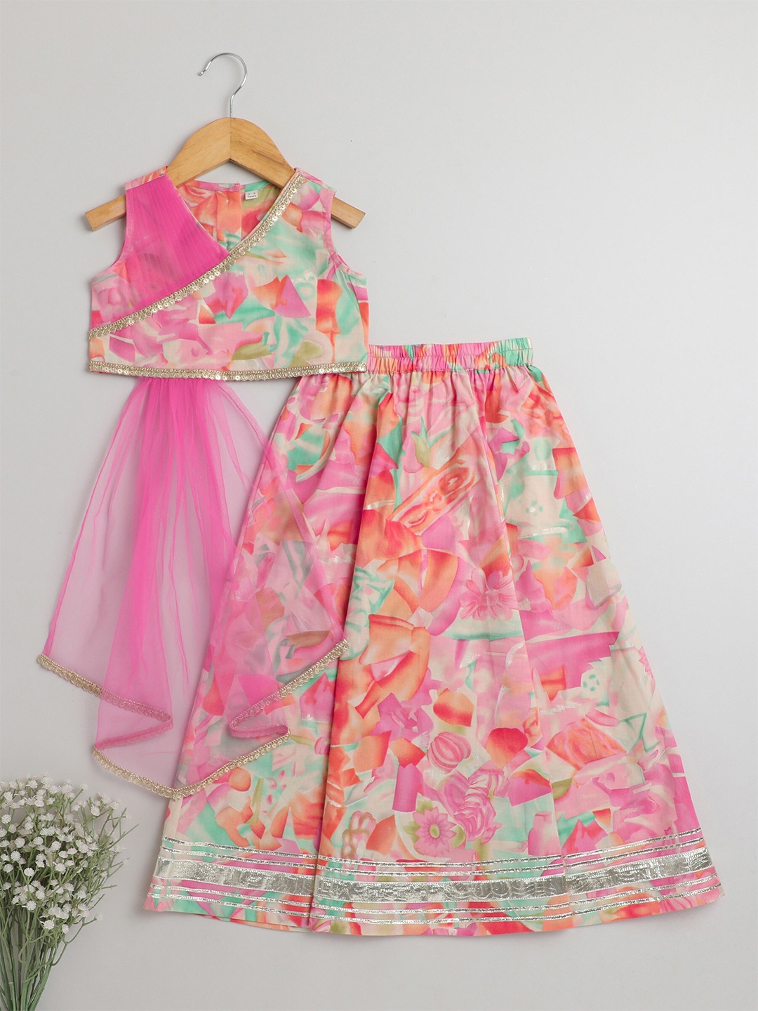 

The Magic Wand Girls Floral Printed Cotton Ready to Wear Lehenga Choli & Attached Dupatta, Pink