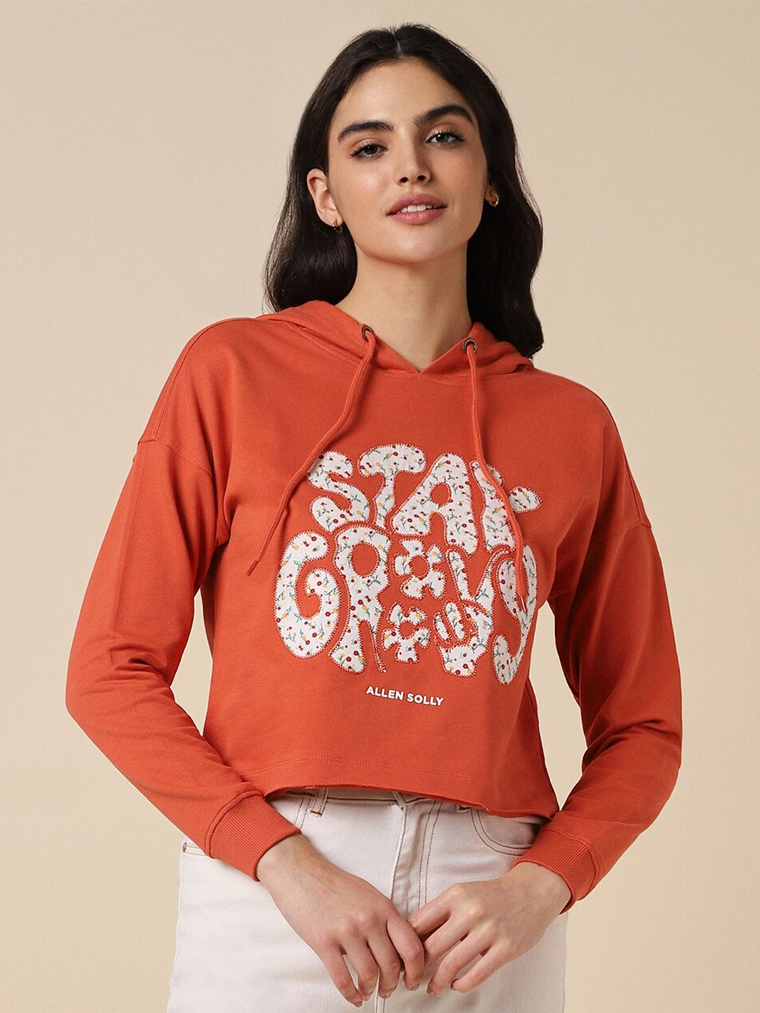 

Allen Solly Woman Printed Hooded Crop Pure Cotton Sweatshirt, Orange