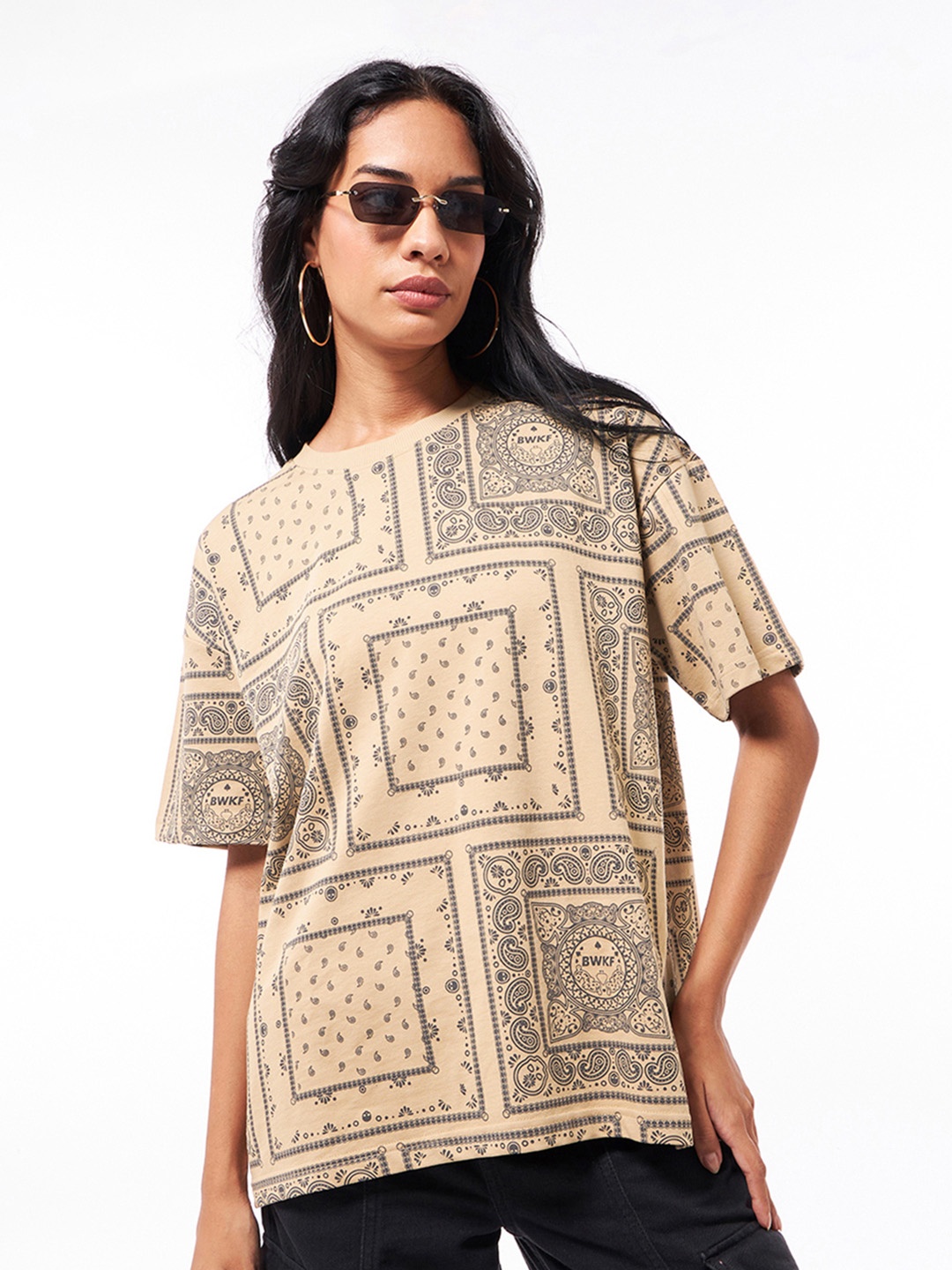 

Bewakoof Heavy Duty 1.0 Women Brown & Black All Over Printed Oversized T-shirt