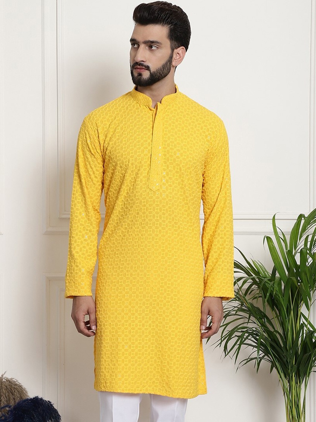 

Armaan Ethnic Geometric Embroidered Thread Work Mandarin Collar Cotton Straight Kurta, Yellow