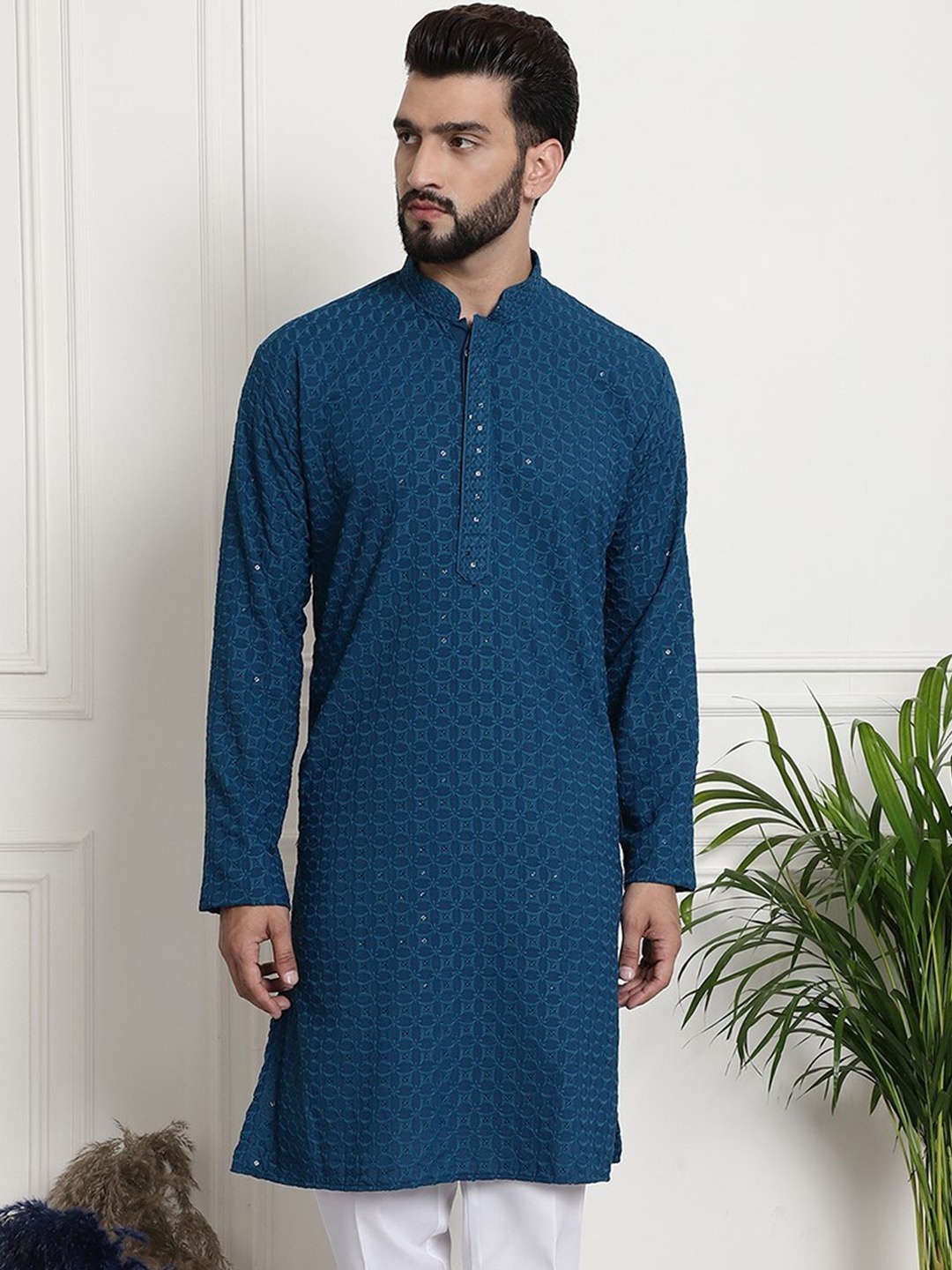 

Armaan Ethnic Geometric Embroidered Sequinned Straight Pure Cotton Kurta, Blue